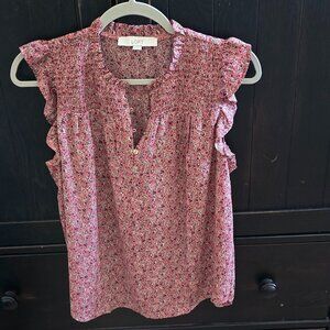 LOFT red floral flutter sleeve top with a ruffle neckline and button-up front S